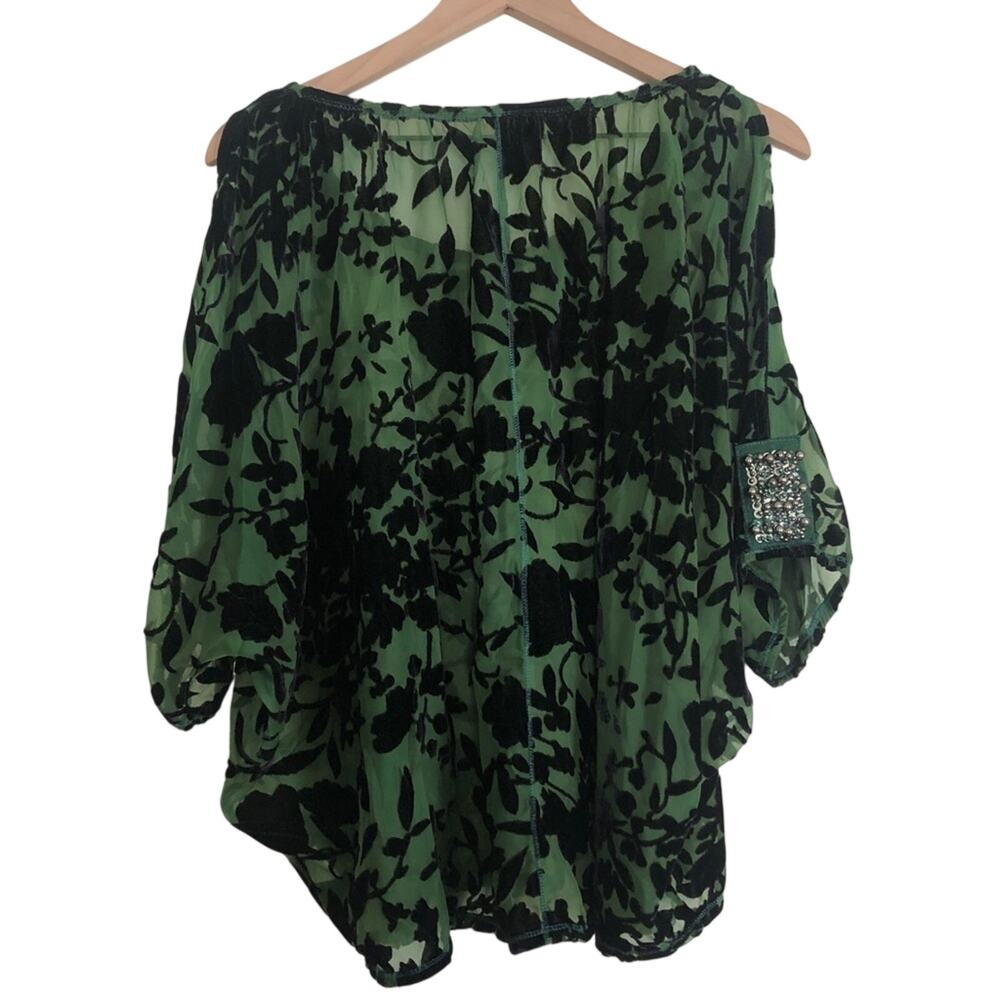 Awake Couture Green Black Velvet Velour Floral Flutter Sleeve Blouse Top Large - Picture 2 of 8